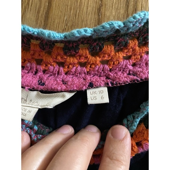 Boden Crochet Multicolor Square Neck Navy Linen Blouse Size 6 Flowy Puff Sleeve - Picture 5 of 14